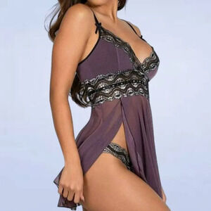 Coquette Purple Babydoll with Black Metallic Lace‎ - Size Medium